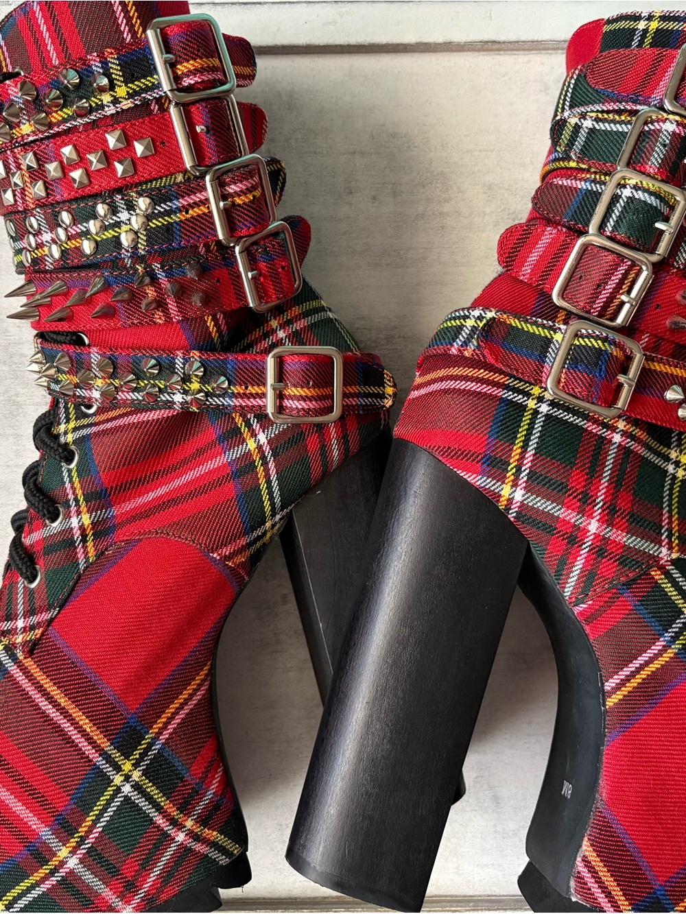 Current Mood Red Plaid Buckle Platform Ankle Boots - Women